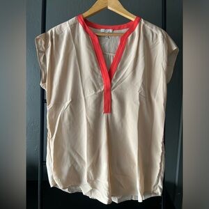 Joie 100% silk short sleeved tan blouse with red/orange trim